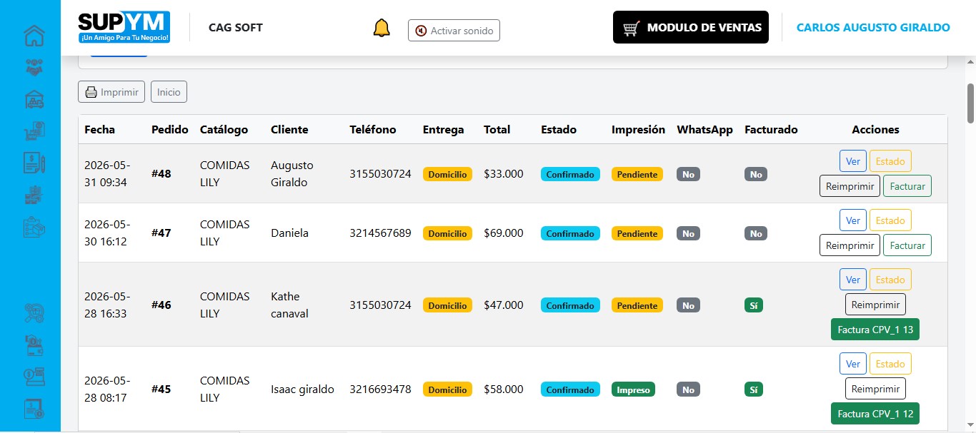 Módulo de pedidos web de Supym